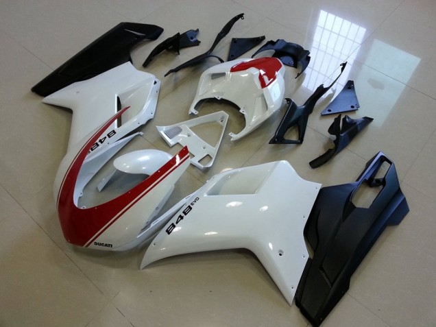 Ducati 848 1098 1198 07-14 Verkleidungen - Matt Schwarz Weiß mit rotem Streifen Ducati 848 1098 1198 07-14 Verkleidungen - Matt Schwarz Weiß mit rotem Streifen