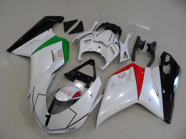 Ducati 848 1098 1198 07-14 Verkleidungen - Perl Weiß mit italienischer Flagge Ducati 848 1098 1198 07-14 Verkleidungen - Perl Weiß mit italienischer Flagge
