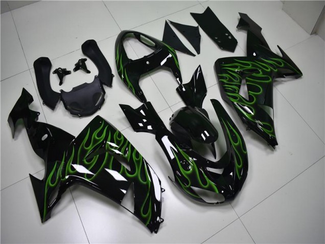 Kawasaki ZX10R 06-07 Verkleidungen - Schwarze Grüne Flamme Kawasaki ZX10R 06-07 Verkleidungen - Schwarze Grüne Flamme