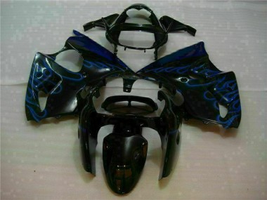 Kawasaki ZX6R 00-02 Verkleidungen - Schwarz mit Blaur Flamme