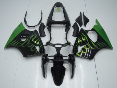 Kawasaki ZX6R 00-02 Verkleidungen - Schwarz mit Grün Flamme